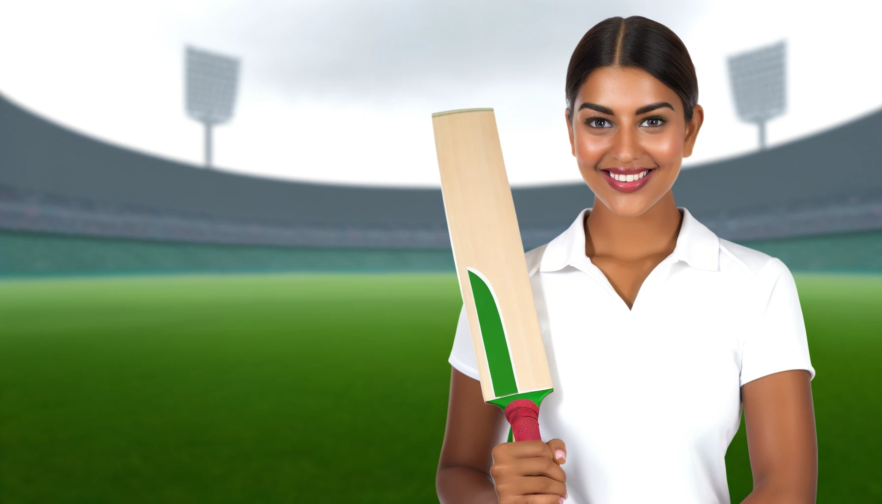 a smiling female cricket player in cricket attire, holding a cricket bat, with a stadium in the background.