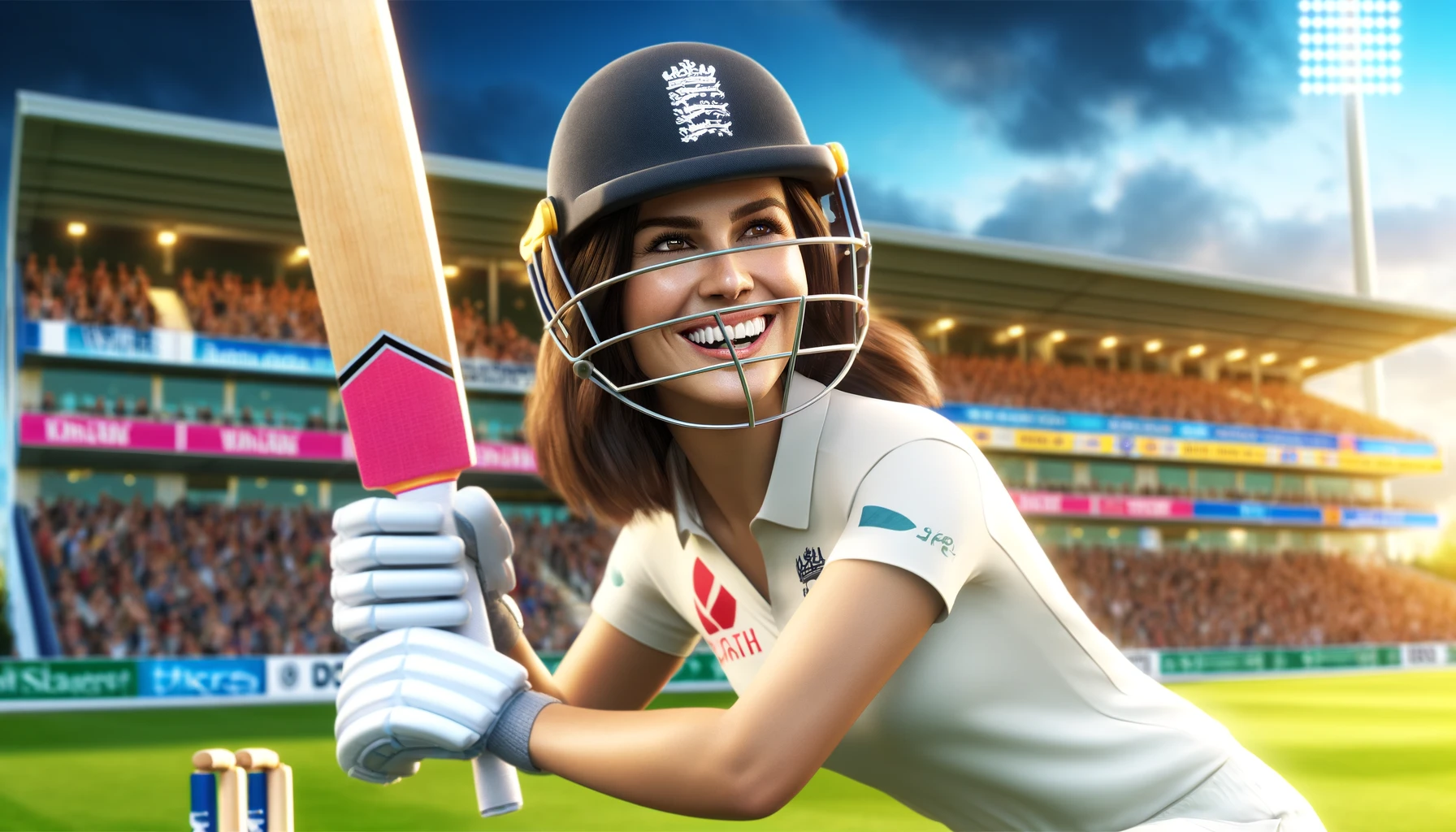 a smiling female cricket player in action on the cricket field. The player is dressed in full cricket gear, including a helmet, gloves, and the team's uniform, holding a cricket bat ready for play.