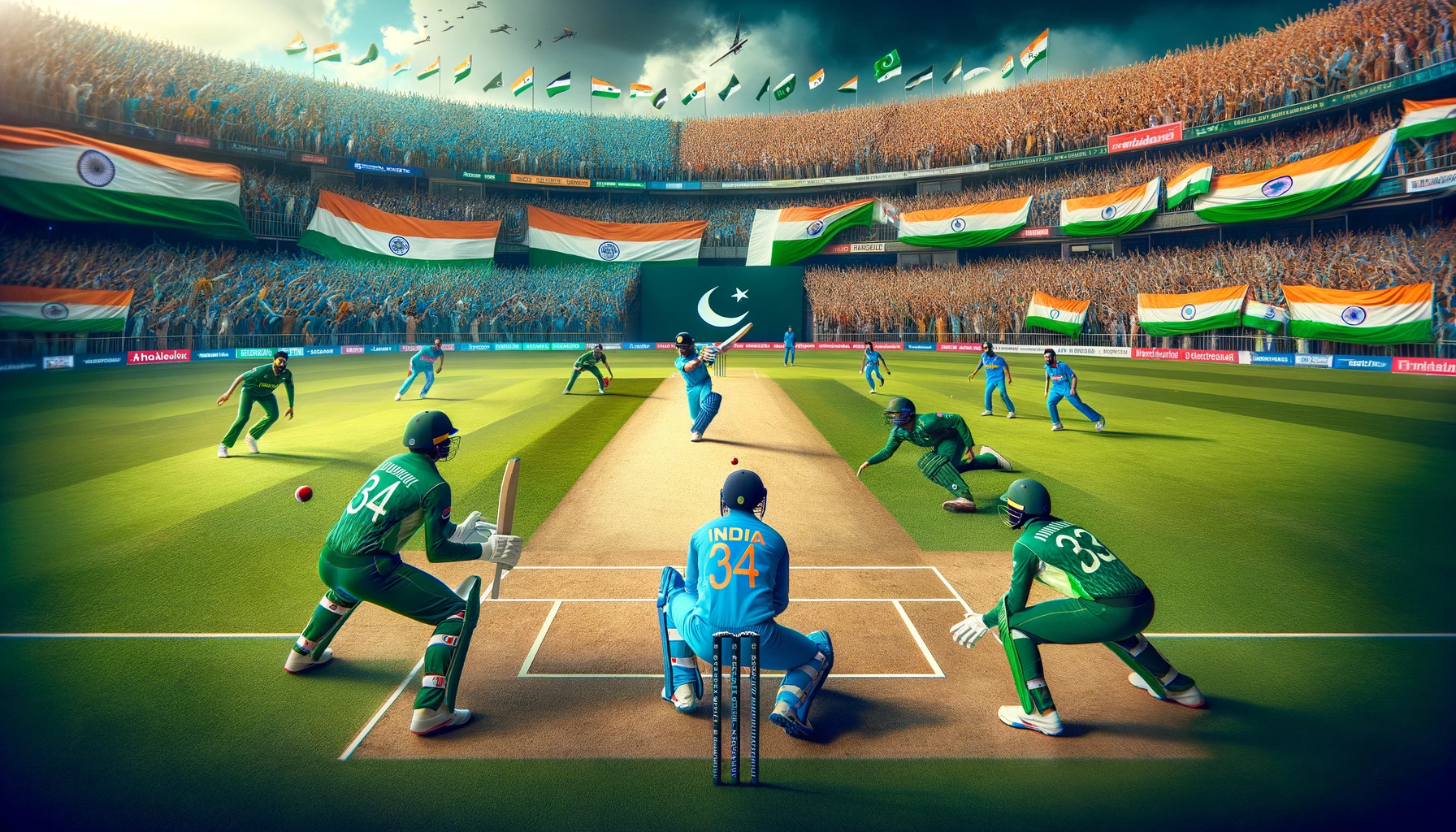 a high-tension moment between India and Pakistan cricket teams, showcasing players in a critical play, with a stadium full of fans from both countries.