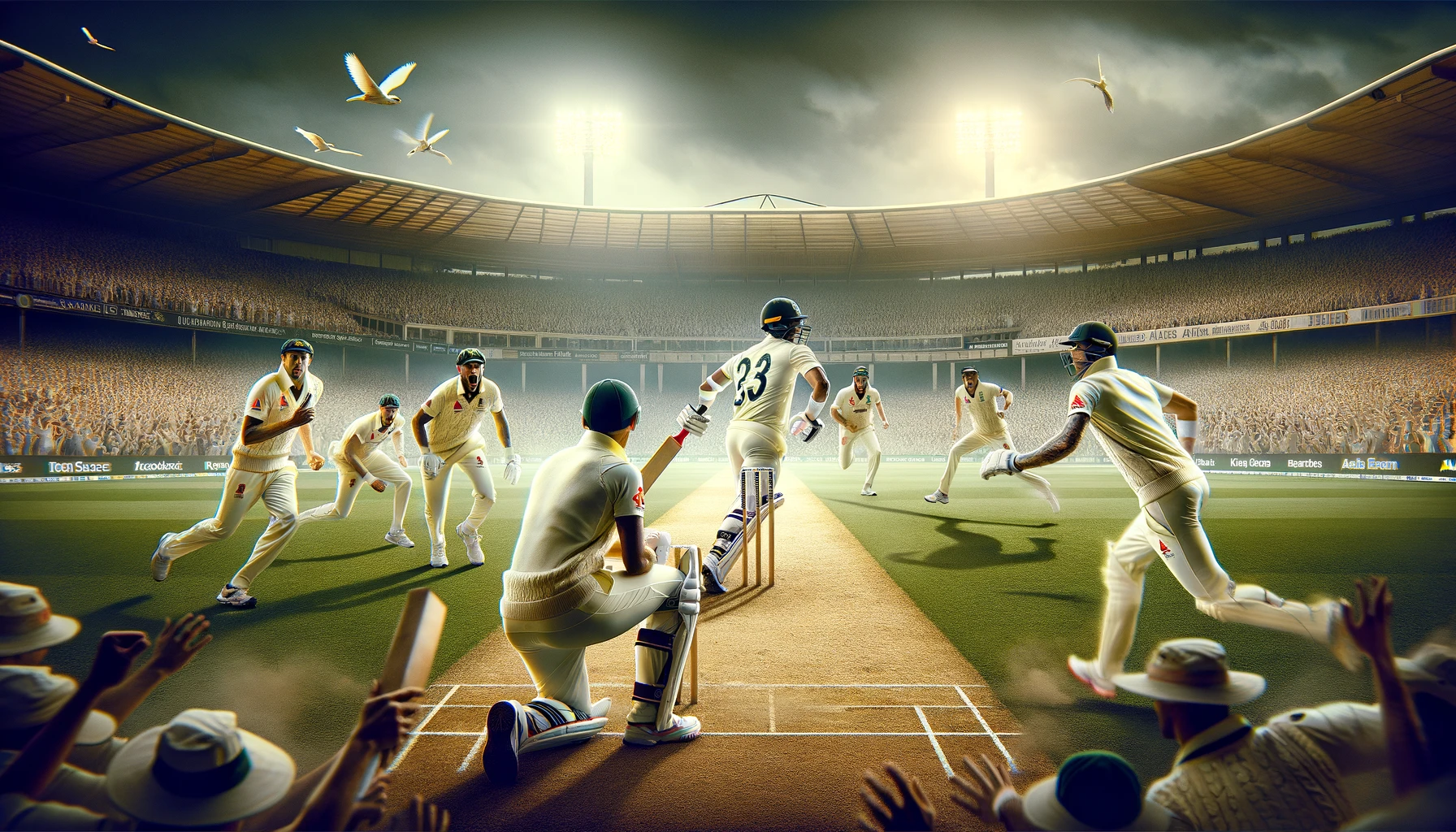 a moment from the Ashes series, capturing the intense rivalry between Australia and England. The image features players in action, with a packed stadium in the background.