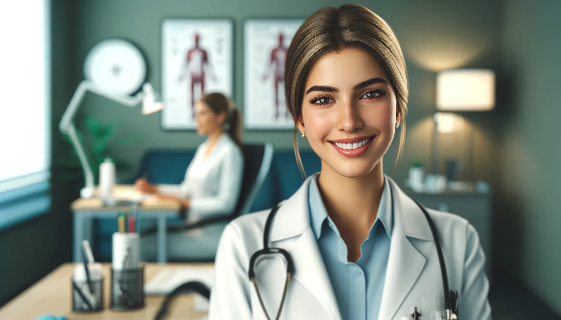 a smiling Turkish female doctor in her office with a medical female worker in the background.