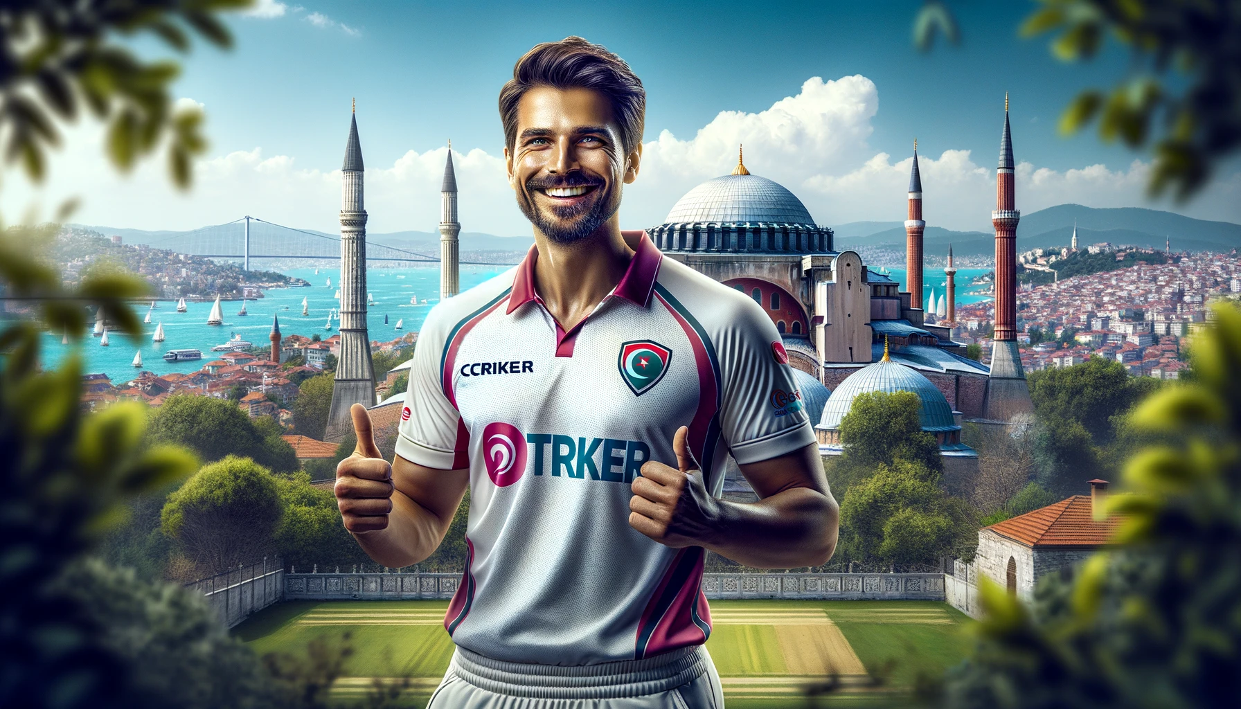 a smiling Turkish cricket player in cricket attire, standing in a Turkish landscape, with landmarks like the Hagia Sophia and the Bosphorus Bridge in the background.