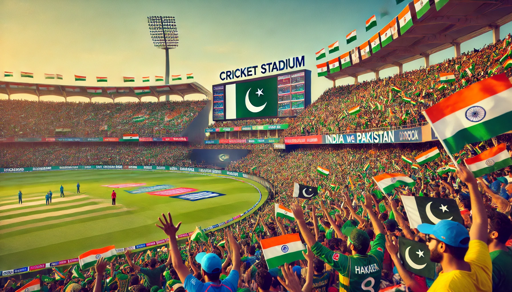 A vibrant scene at a cricket stadium during an India vs. Pakistan match, capturing the intense emotions and packed stands filled with fans wearing their team colors.