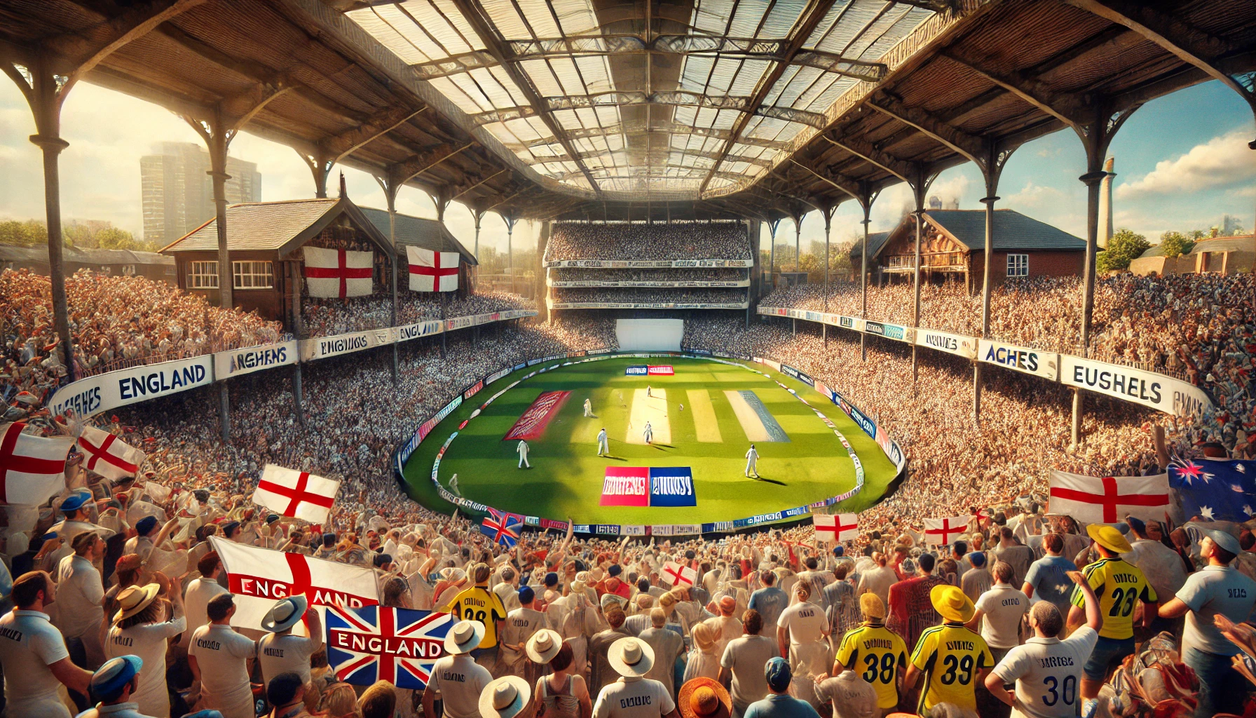 A lively scene depicting the Ashes cricket rivalry between England and Australia at a historic stadium.