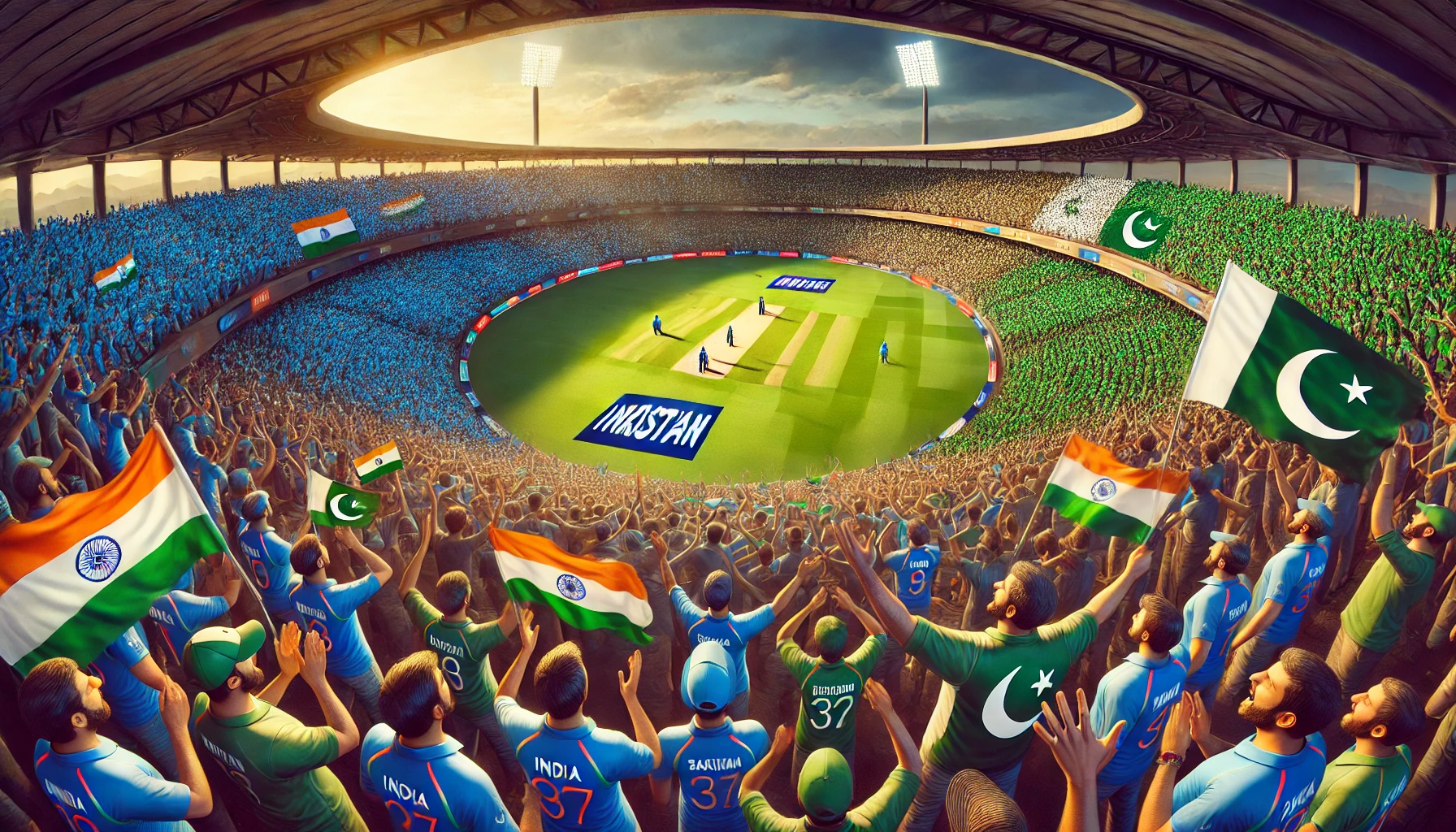 A dynamic scene at a cricket stadium during an India vs. Pakistan match, showcasing the intense atmosphere and packed stands.