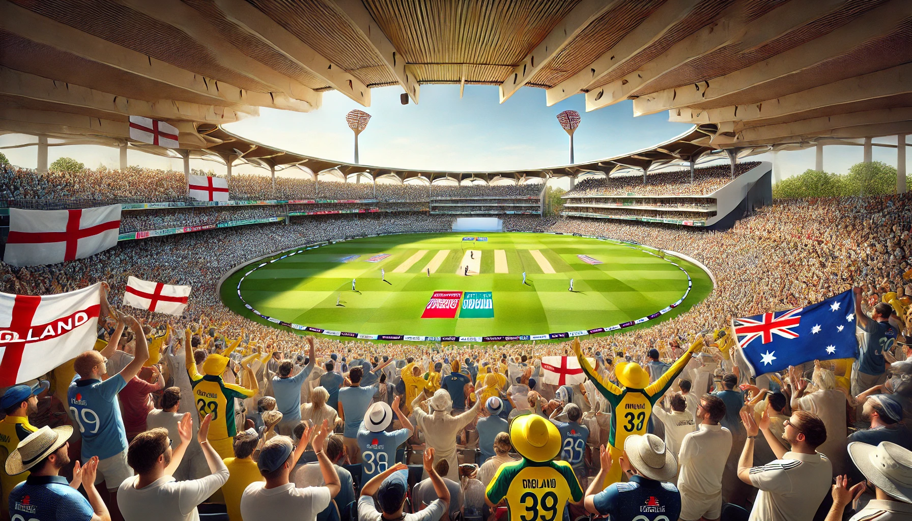 A vibrant cricket stadium scene during an Ashes match between England and Australia, capturing the excitement and competition.