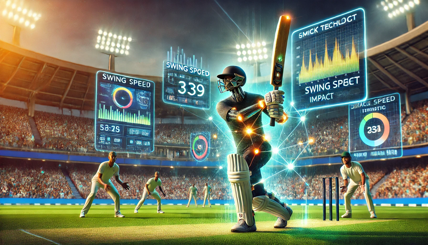 A dynamic scene at a cricket stadium, capturing the integration of advanced technology in the sport.