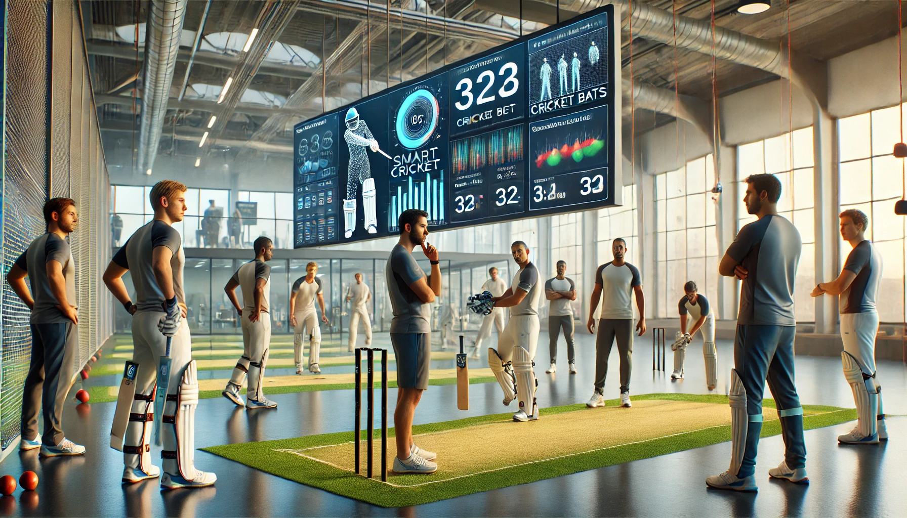 a modern cricket training session in an indoor facility, featuring players using smart cricket bats embedded with sensors.