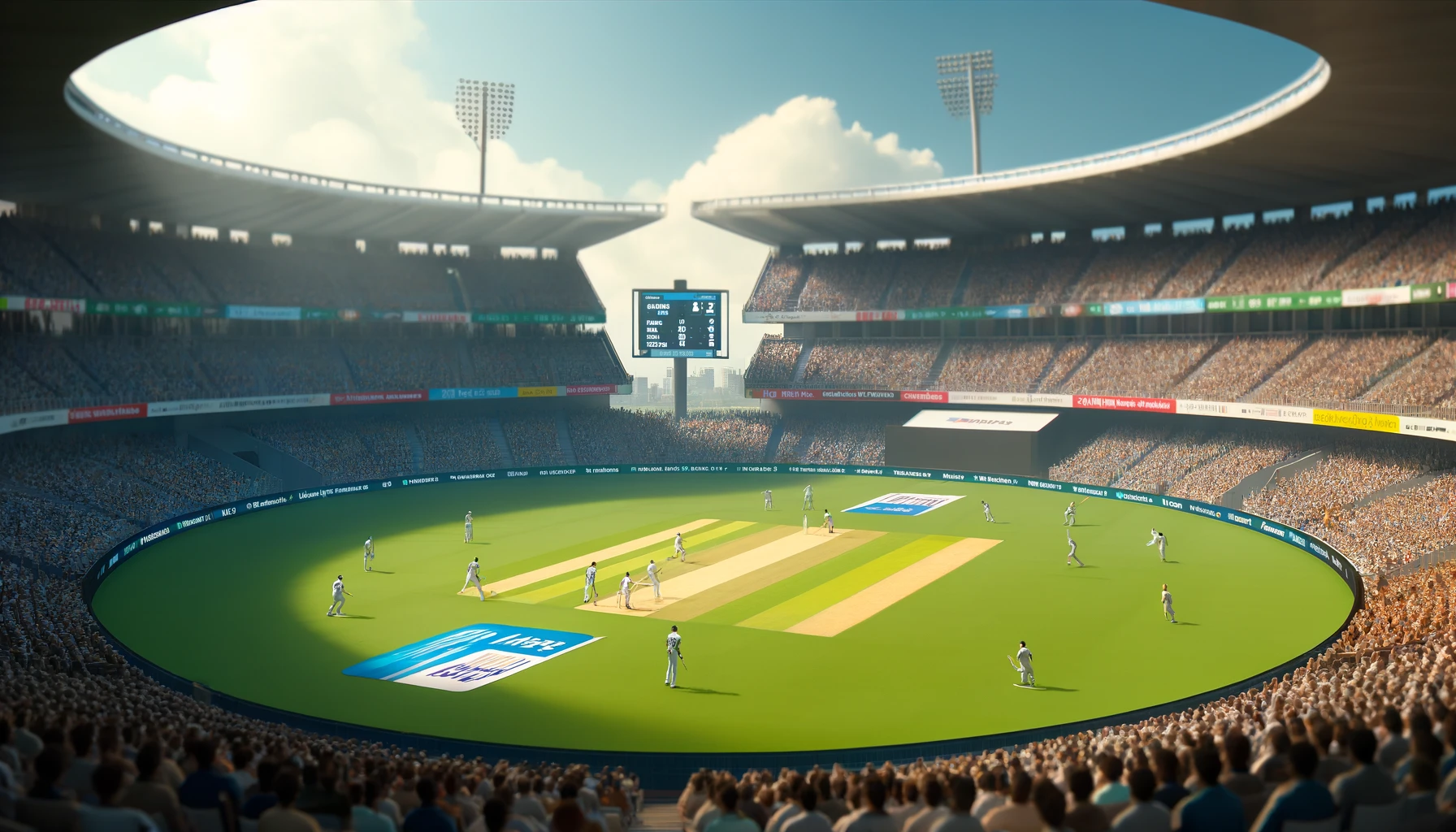 A cricket stadium with a group of cricketers on the field during a game. The stadium is filled with spectators, and the atmosphere is lively and engaging.