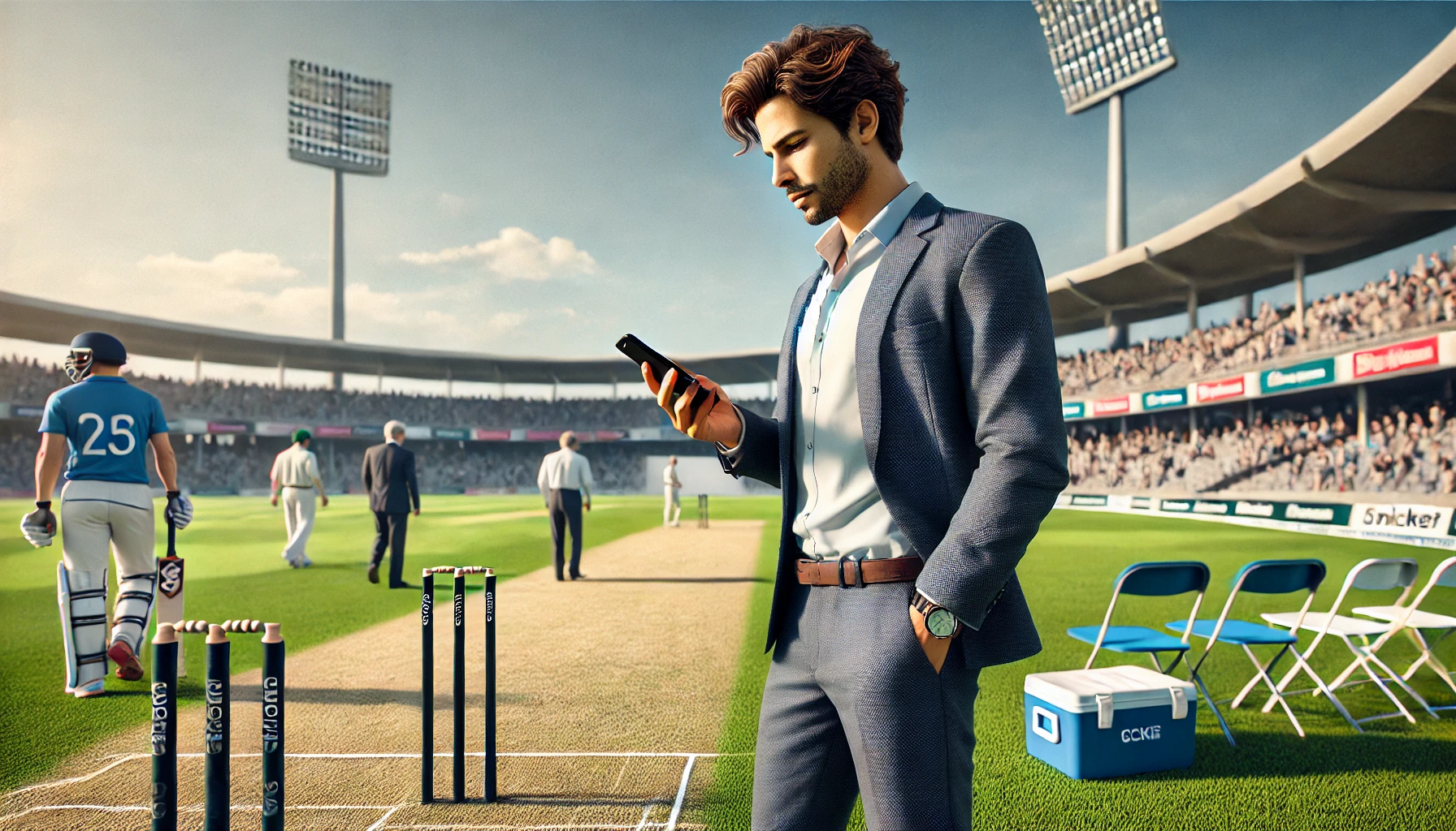 A cricket tournament manager standing on the cricket field, holding a smartphone in his hands and checking the location of the main squad and the time of their arrival.