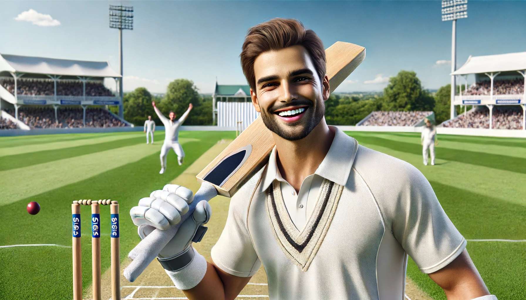 a smiling male cricketer. He is wearing a cricket uniform with a helmet and holding a cricket bat. The background shows a cricket field with the stumps and a boundary in the distance.