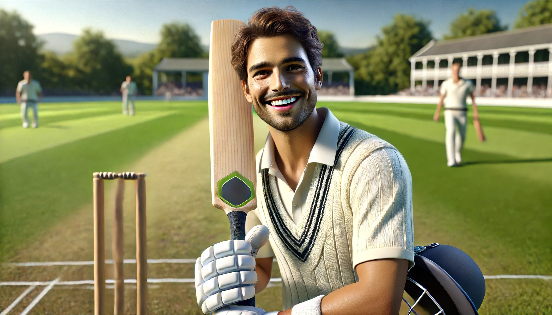 a smiling male cricketer. He is wearing a cricket uniform with a helmet and holding a cricket bat. The background shows a cricket field.