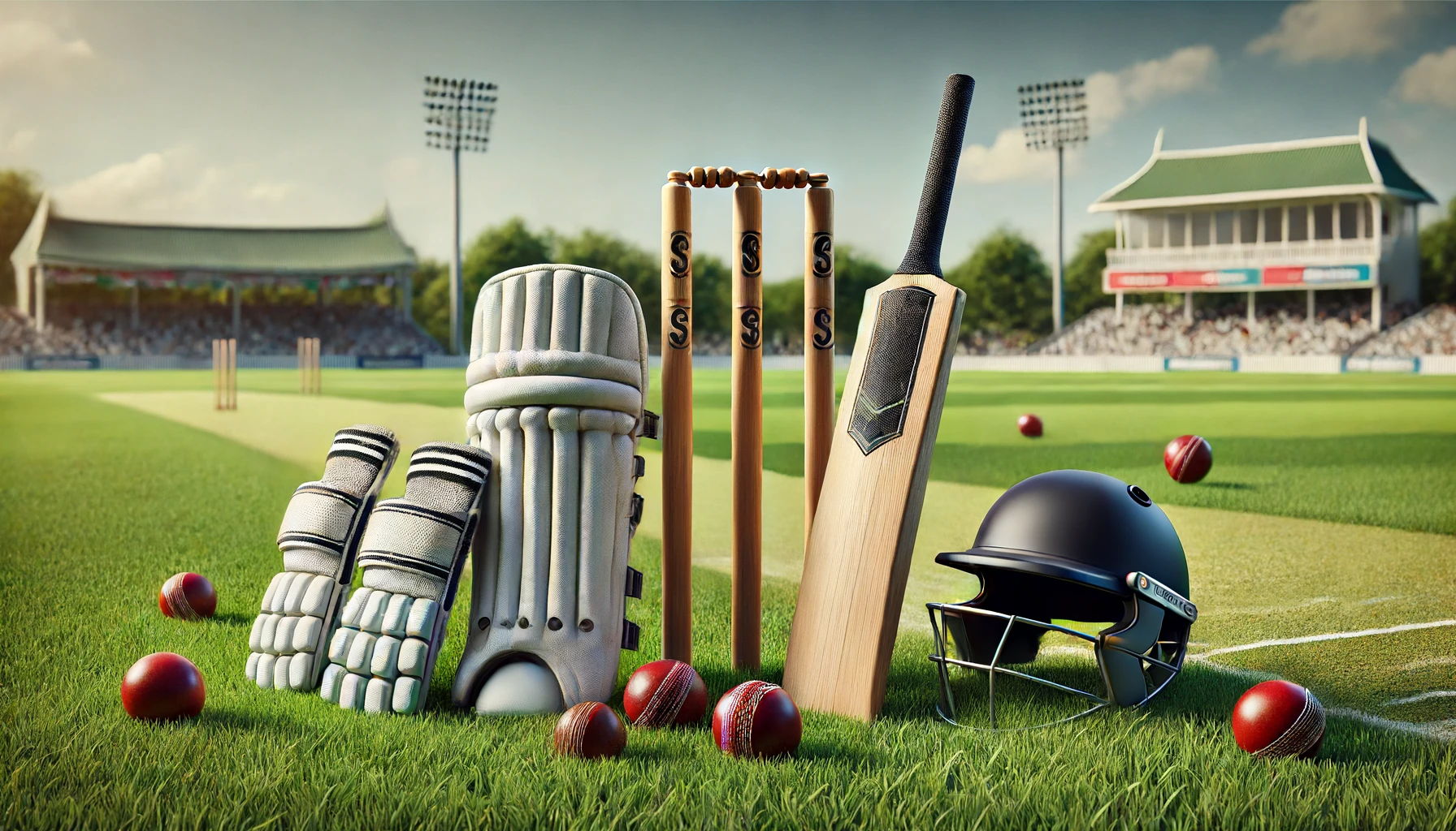 cricket equipment laid out on a grass field. The equipment includes a cricket bat, batting gloves, batting pads, a helmet, a ball, and an abdominal guard.