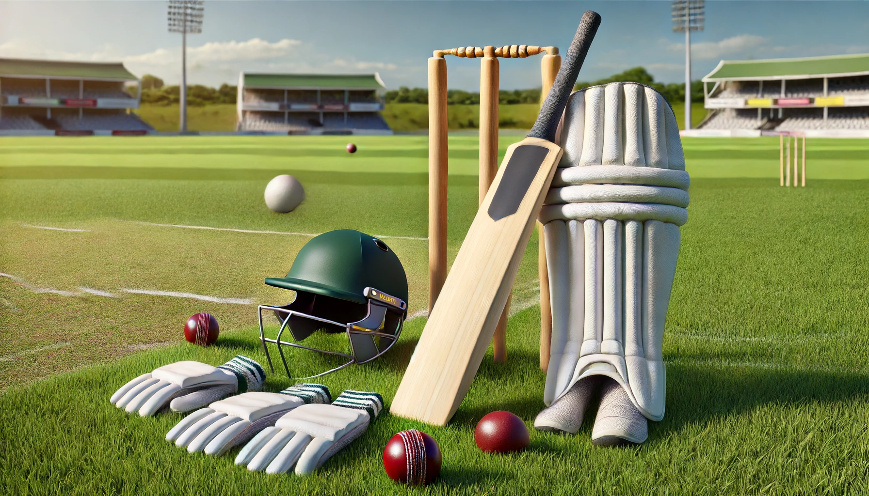 cricket equipment laid out on a grass field. The equipment includes a cricket bat, batting gloves, batting pads, a helmet, a ball, and an abdominal guard.