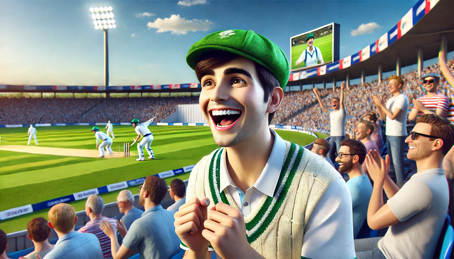 a happy cricket fan watching a game on a field. The fan is a male teenager who is wearing a cricket jersey and cap.