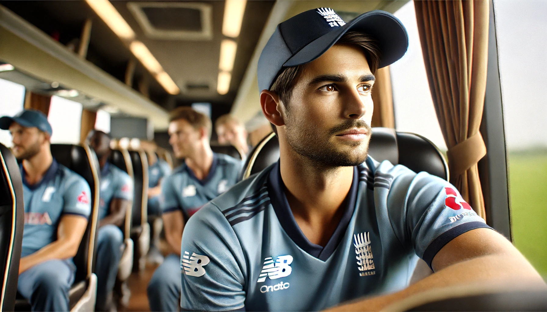 a cricket player sitting in a tour bus, looking out of the window with a thoughtful expression. The player is wearing a cricket jersey and cap, with other team players blurred in the background.