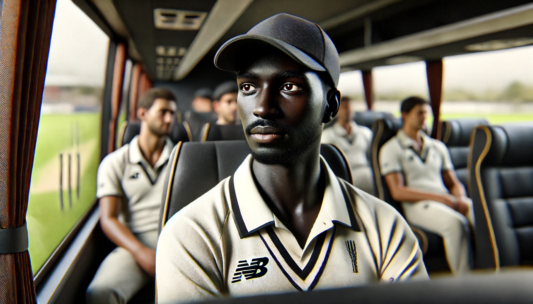 an African American cricket player sitting in a tour bus. He is wearing a cricket jersey and cap, with other team players blurred in the background.