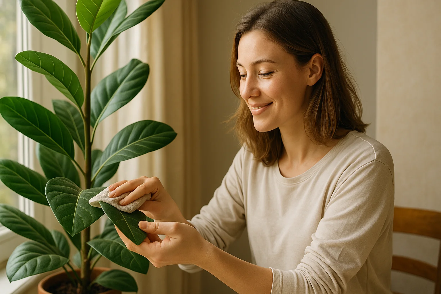 A young woman gently wipes the leaves of a large houseplant with a damp cloth to take care of it.