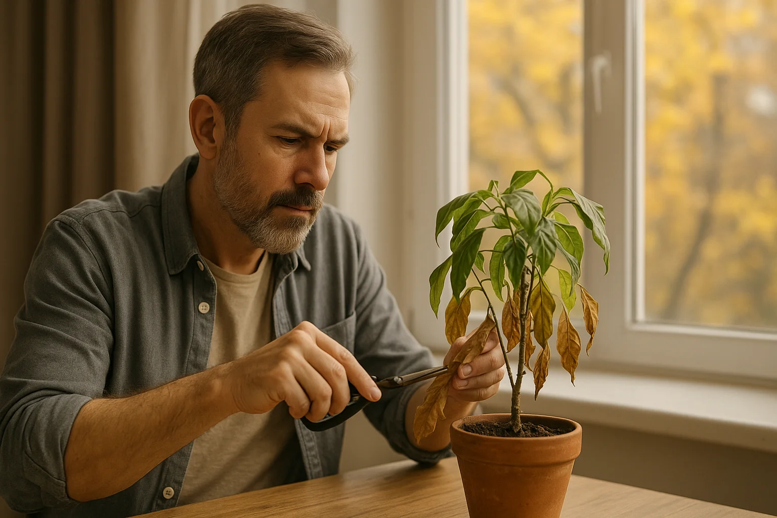 A middle-aged man carefully trims dry leaves from a potted plant, with golden autumn trees visible outside the window.