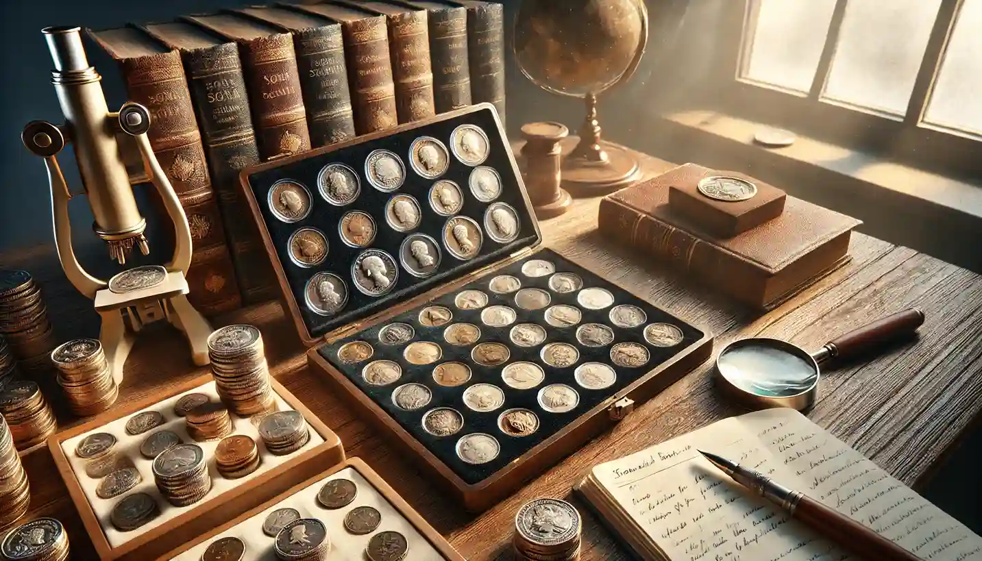 a wooden table with a neatly arranged collection of old and rare coins, some in protective cases and others displayed on a velvet tray. A magnifying glass, coin reference books, and a small notebook with handwritten notes are placed nearby.