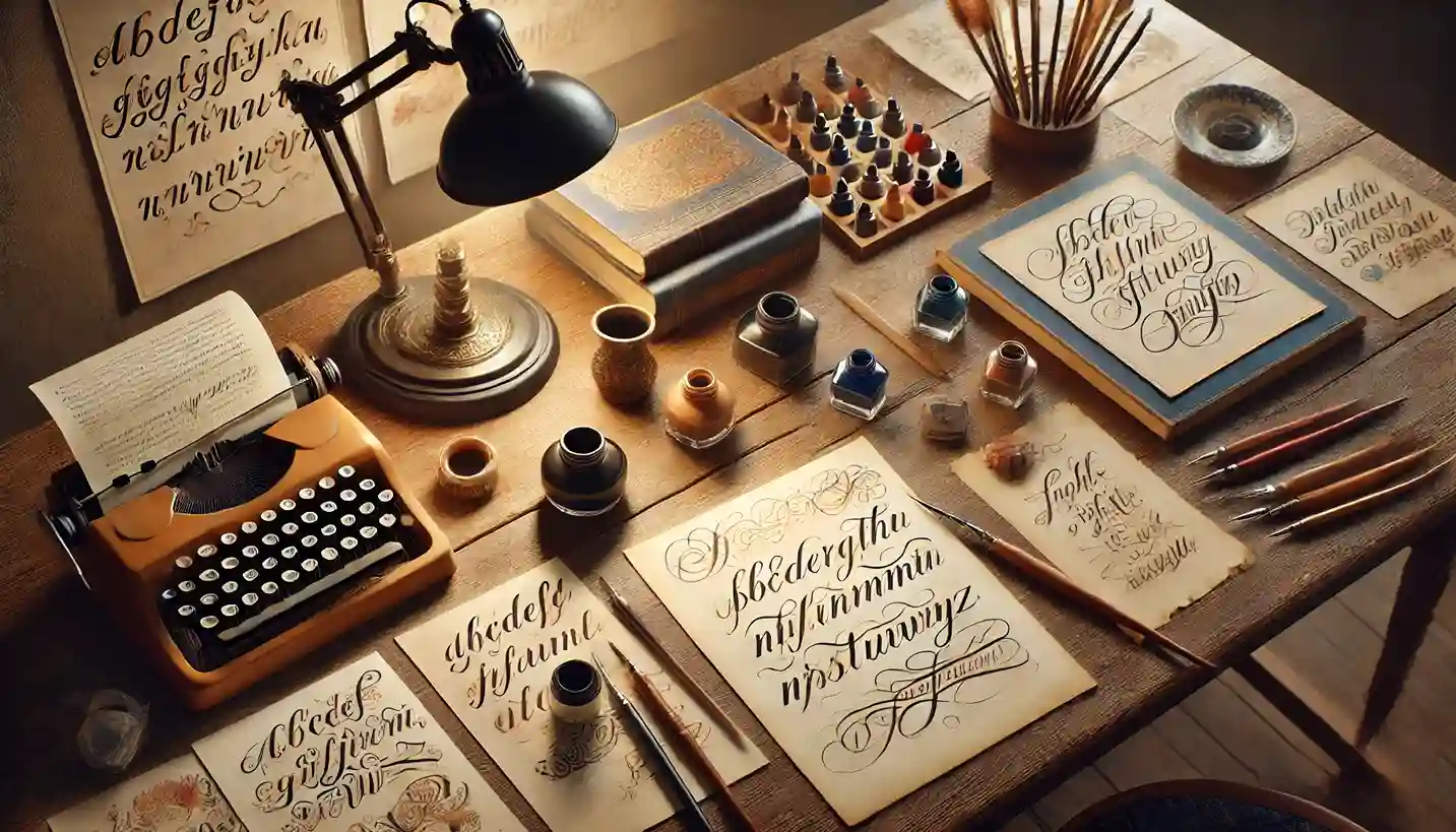 a wooden desk with various calligraphy tools such as ink pots, calligraphy pens, practice sheets with lettering designs, and a notebook filled with artistic writings.