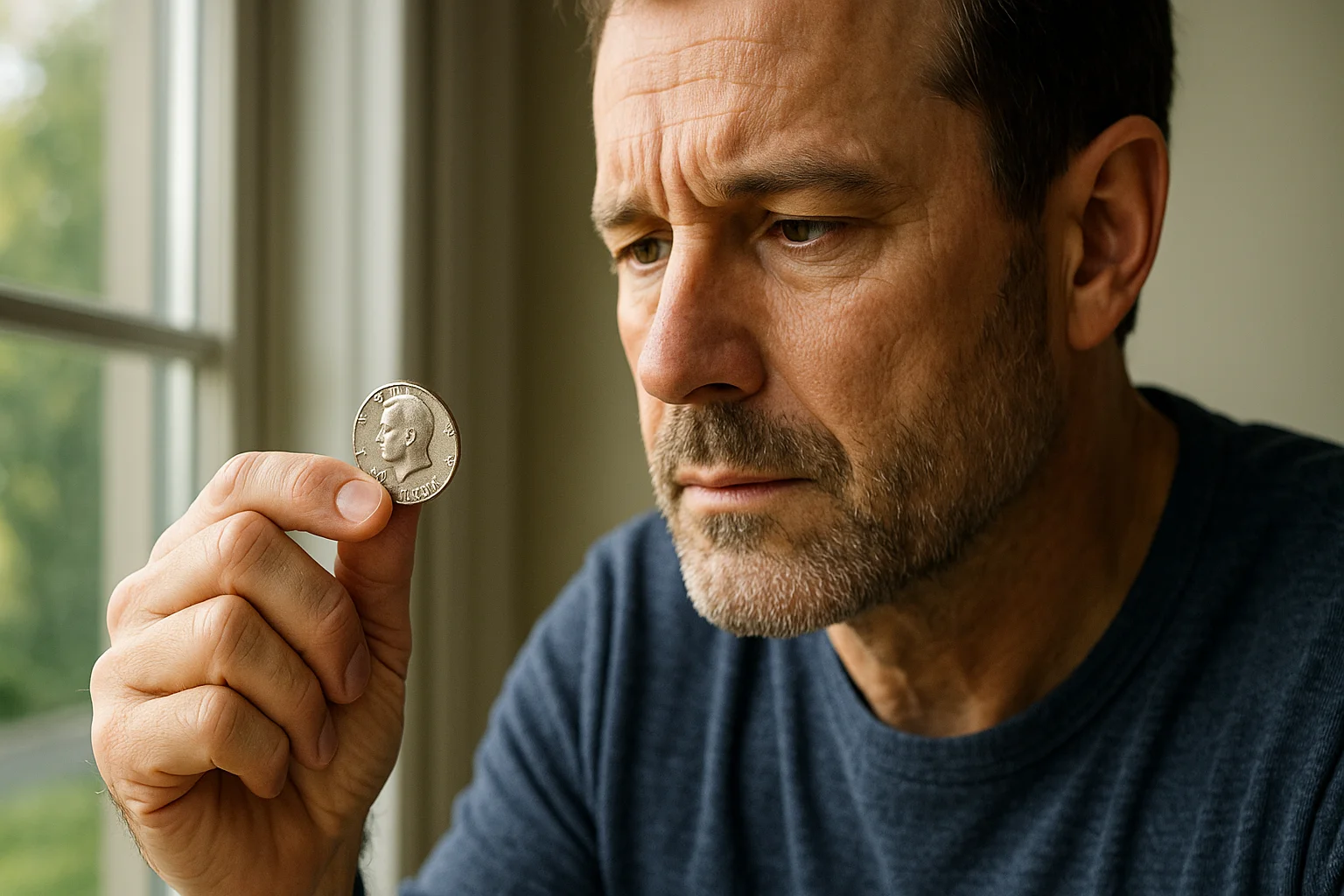 A collector thoughtfully inspects a 1776–1976 half dollar coin, checking its features to determine its type and value.