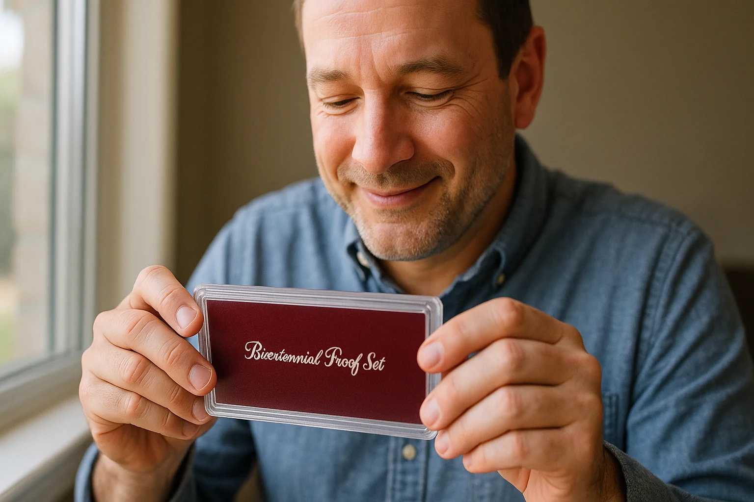 A collector smiles with satisfaction as he carefully examines his sealed Bicentennial Proof Set under soft natural light.