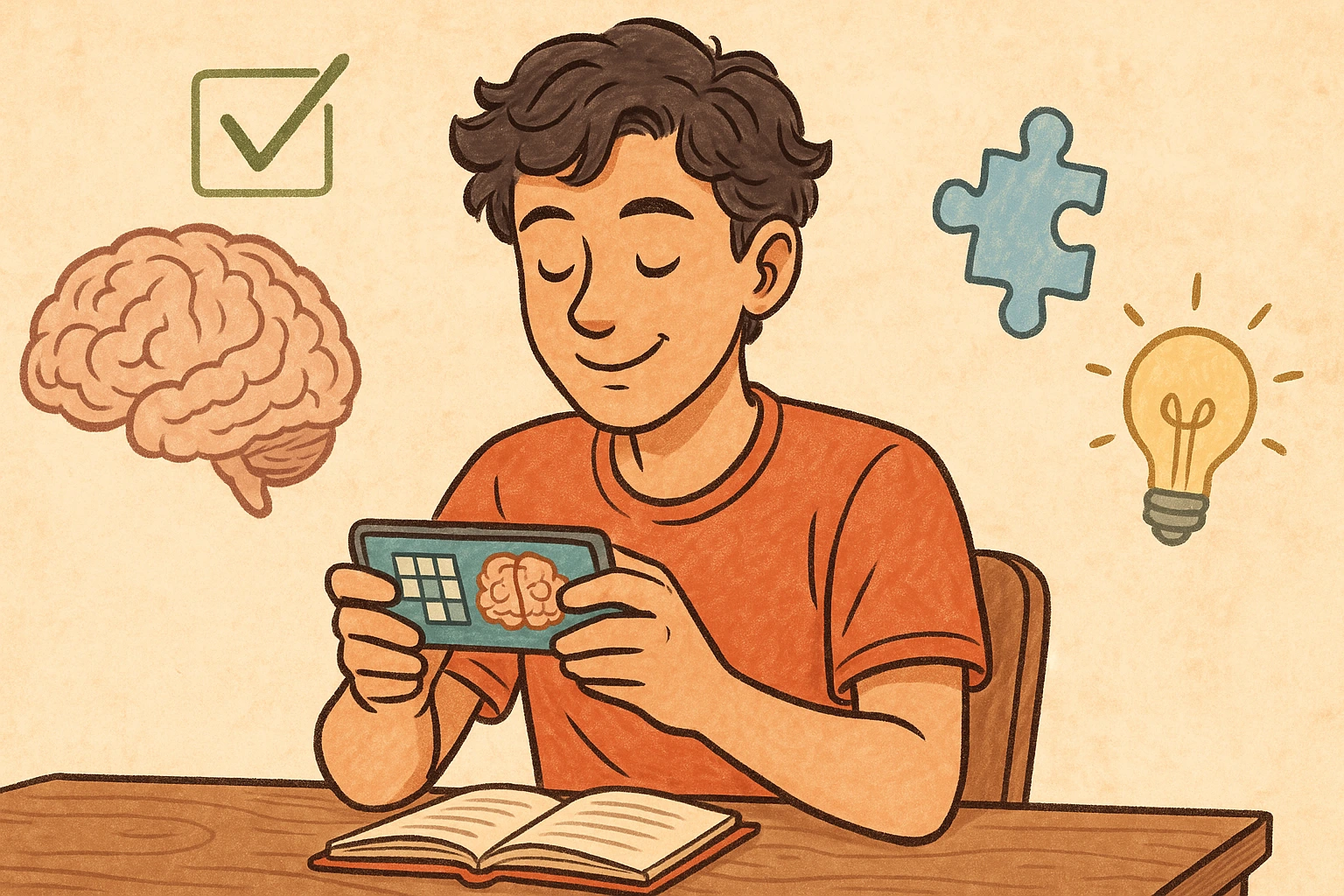 A student is playing brain games cheerfully.